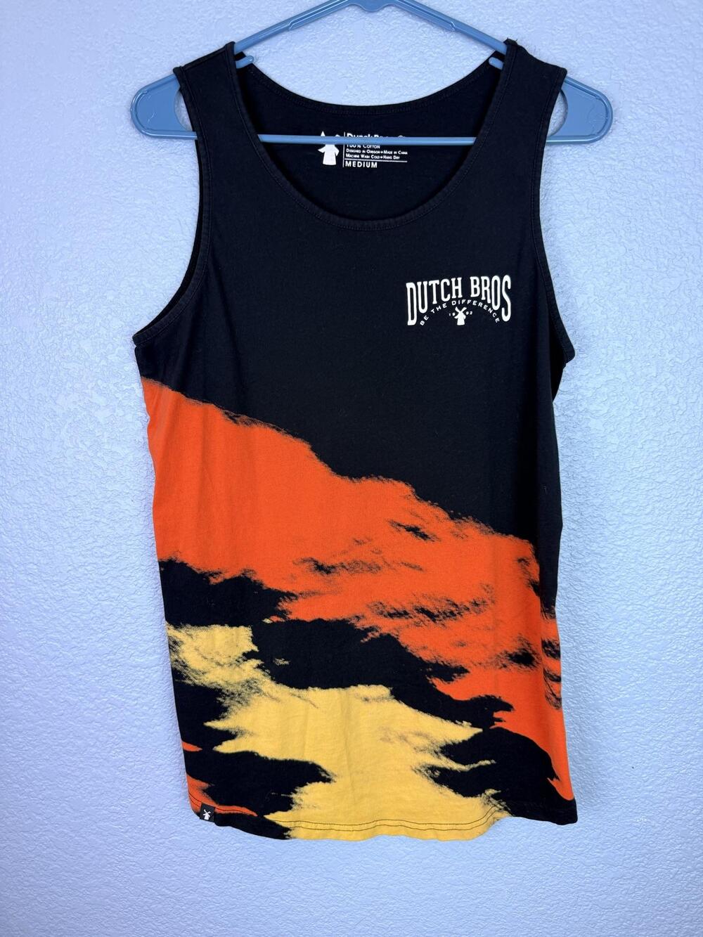 Dutch Bros Coffee Tank Top unisex Medium Black Orange Yellow Graphic Tie Dye